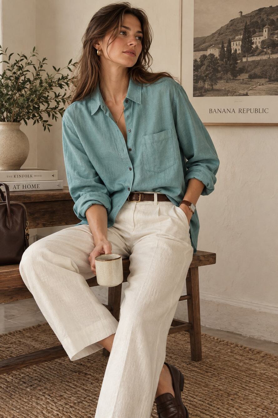 Banana Republic Linen Blend Shirt Womens XL Aqua Blue Button Down NWT